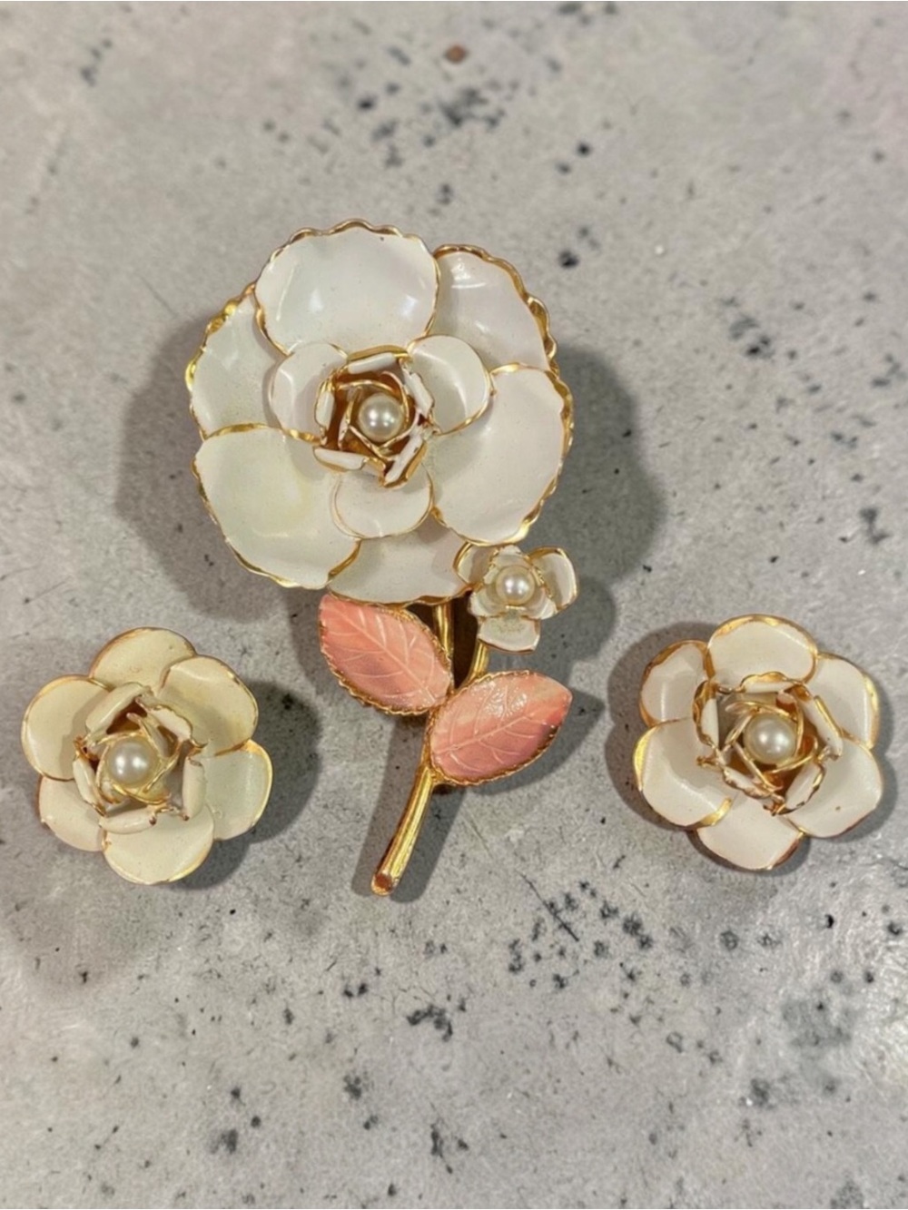 Vintage Metal Pearl Flower Brooch & Clip-On Earrings